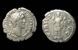 Antoninus Pius, Denarius, Virtus reverse